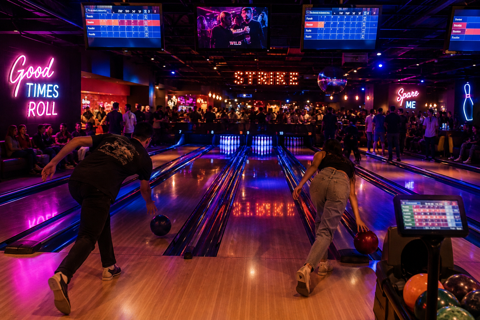 Friends enjoying a professional bowling night experience